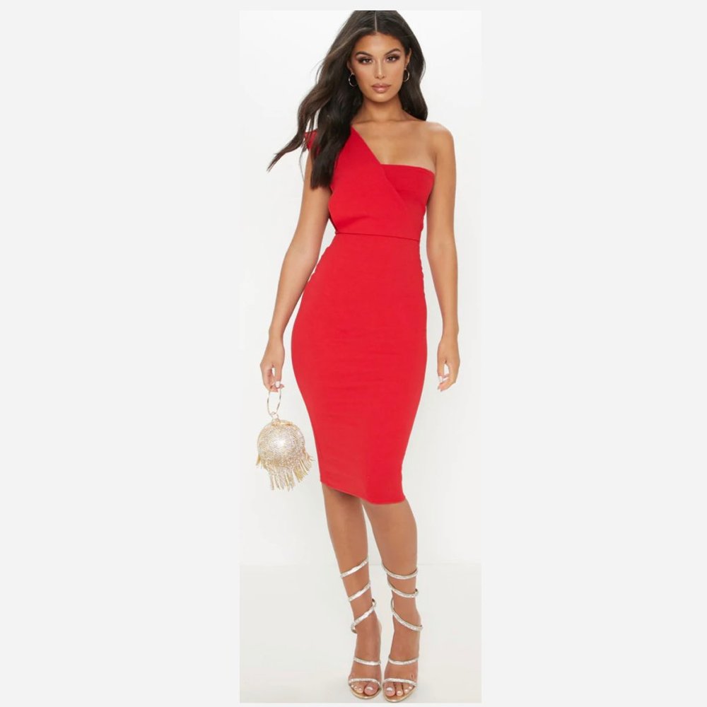 PLT Red One Shoulder Midi Red Dress